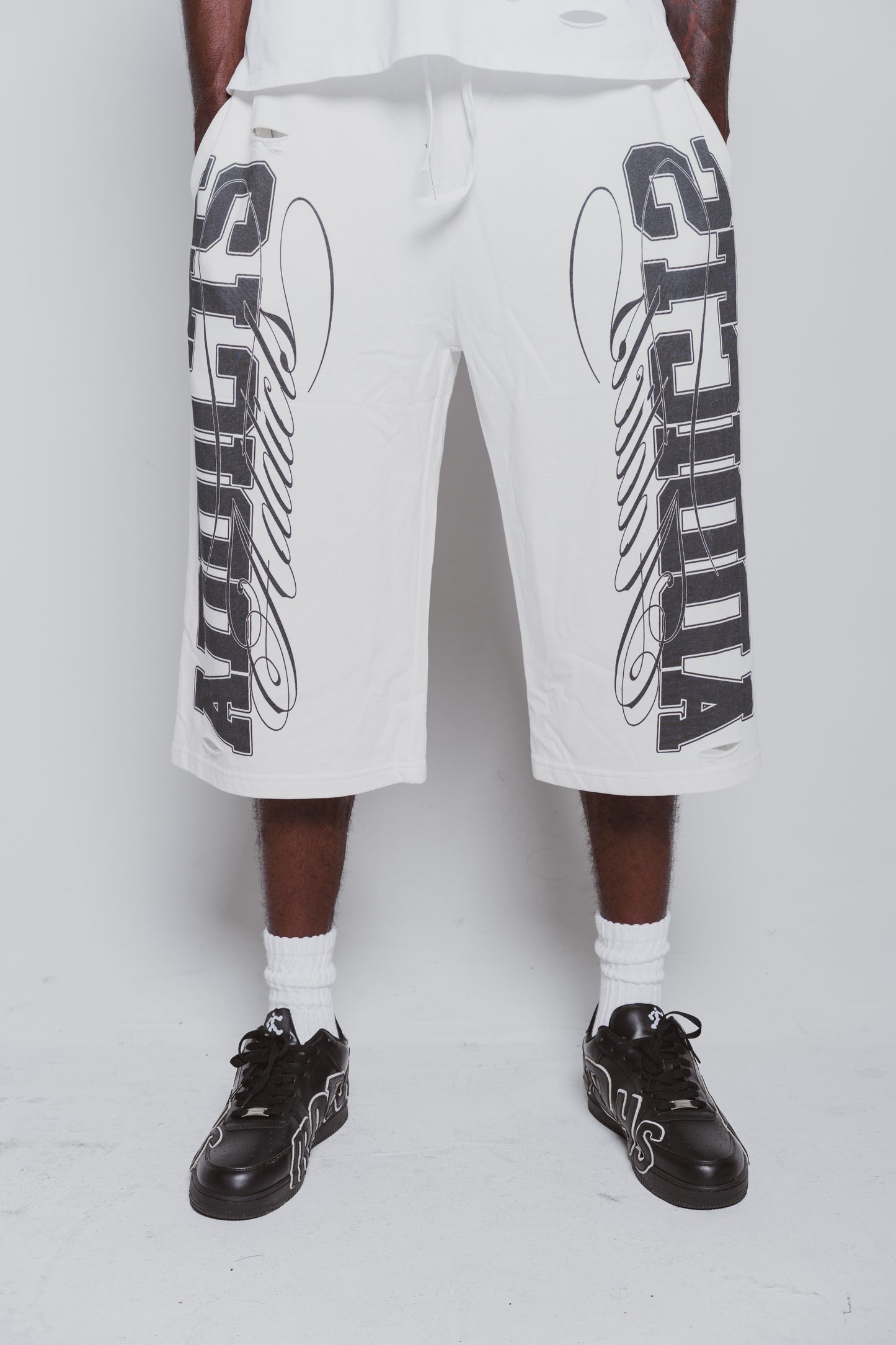Varsity White and Black 3/4 Shorts